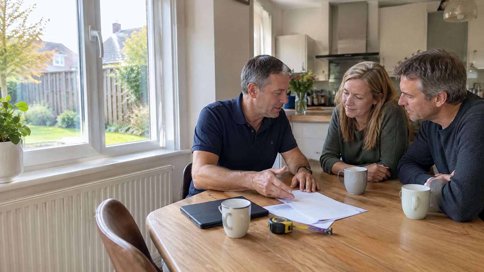 Adviseur aan de keukentafel met twee bewoners